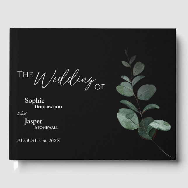 Modern Greenery Black Wedding Guest Book (Front)