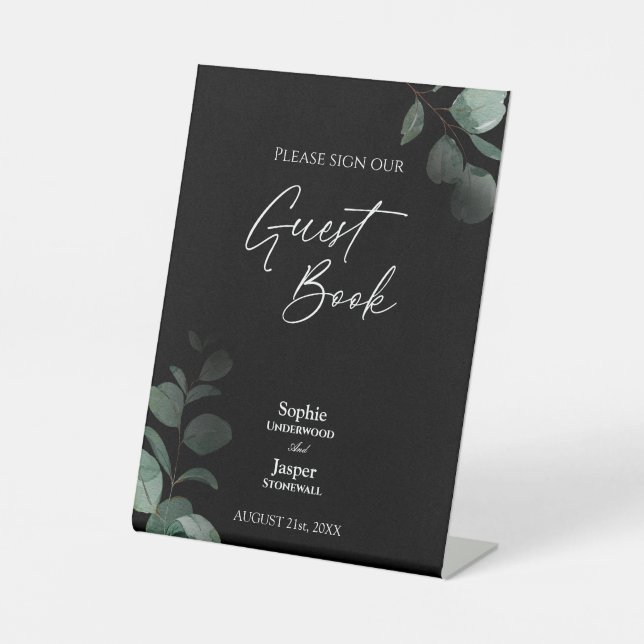 Modern Greenery Black Wedding Guest Book Sign (Front)