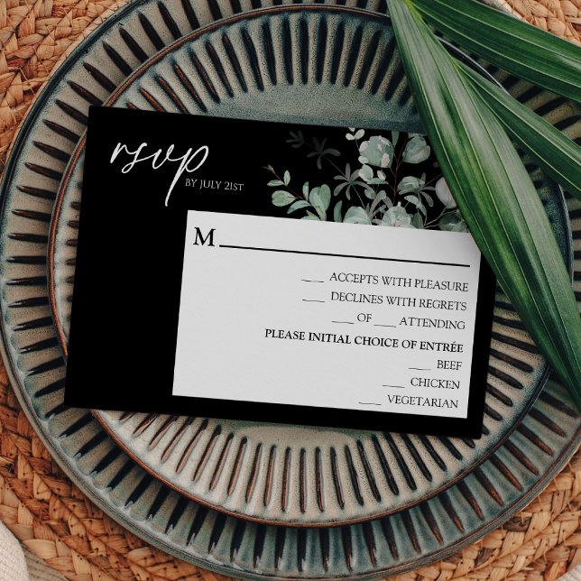 Modern Greenery Black Wedding Menu RSVP Card (Creator Uploaded)