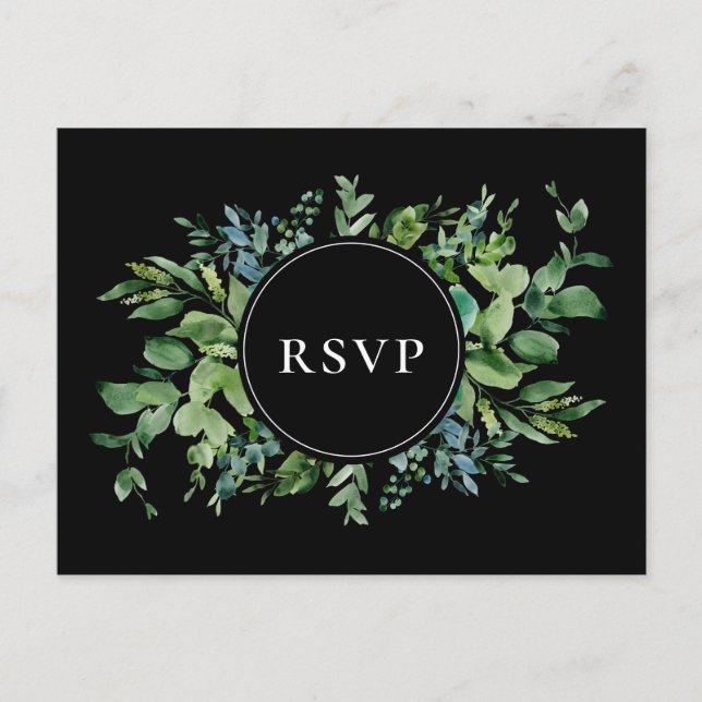 Modern Greenery Black Wedding RSVP Song Request Invitation Postcard (Front)