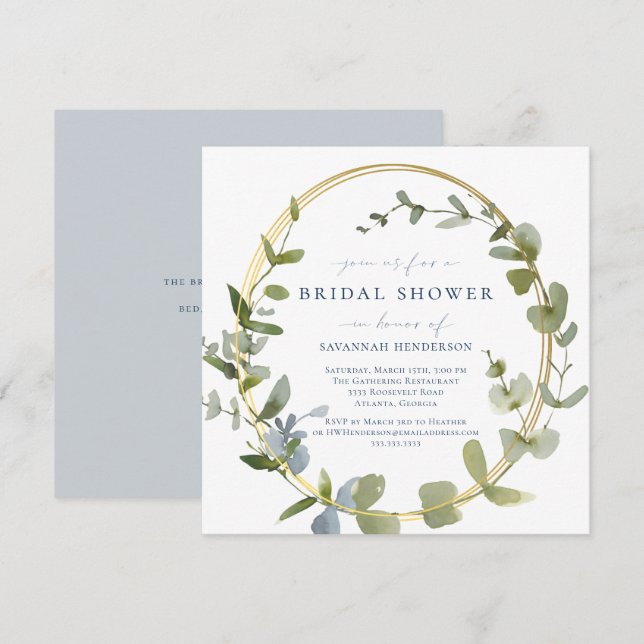 Modern Greenery Blue and Gold Bridal Shower Invitation (Front/Back)