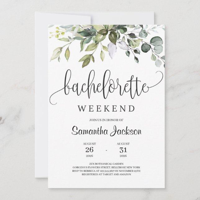 Modern greenery boho foliage bachelorette weekend invitation (Front)