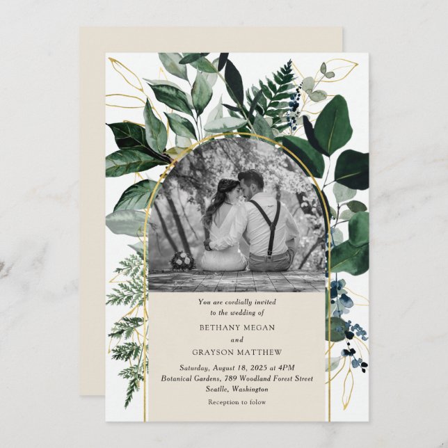 Modern greenery botanic garden arch photo wedding invitation (Front/Back)
