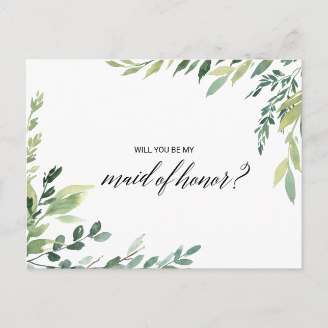 Modern Greenery Botanical Foliage Maid of Honour Invitation Postcard (Front)
