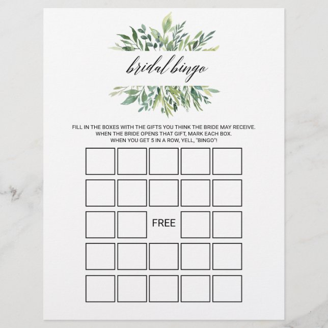 Modern Greenery Bridal Bingo, Bridal Shower Game (Front)