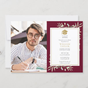 Modern Greenery Burgundy Graduation Party Photo Invitation