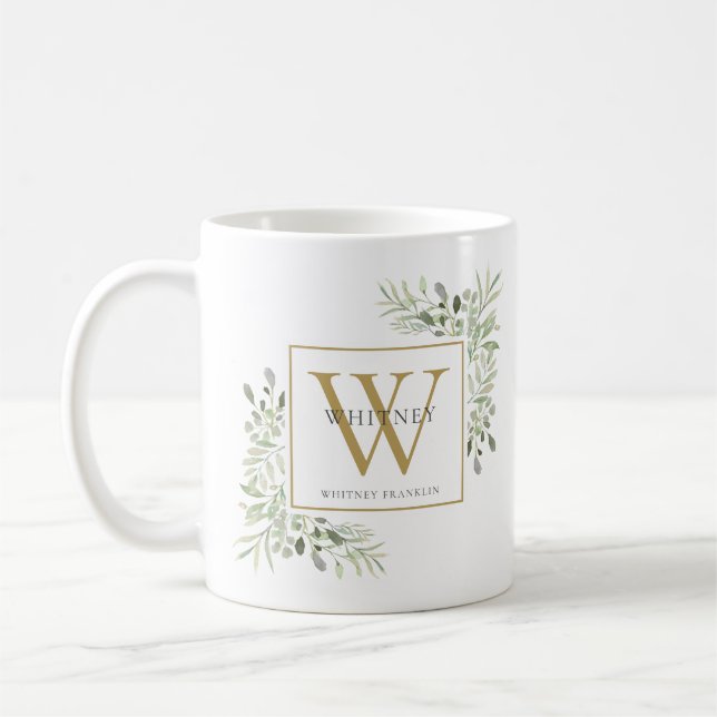 Modern Greenery Chic Gold Monogram Coffee Mug (Left)