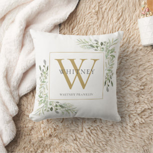 Modern Greenery Chic Gold Monogram Cushion
