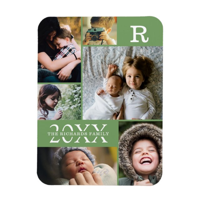 Modern Greenery Colour Block Family 6 Photo Collag Magnet (Vertical)