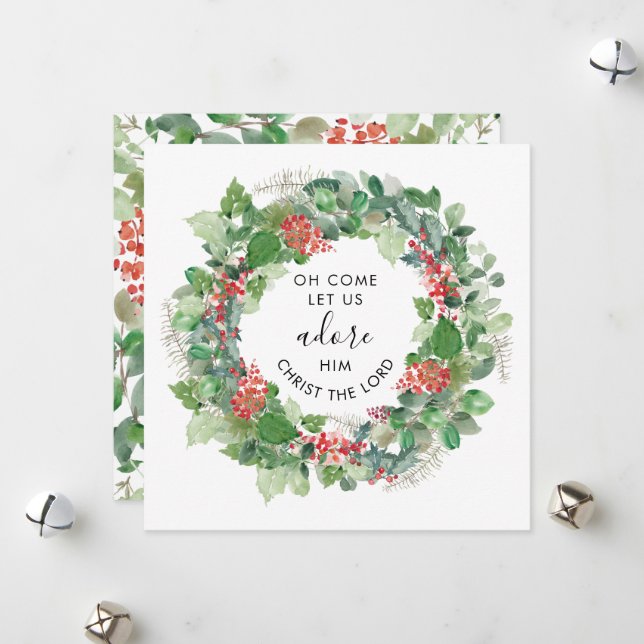 Modern Greenery Come Let Us Adore Him Religious  Holiday Card (Front/Back In Situ)