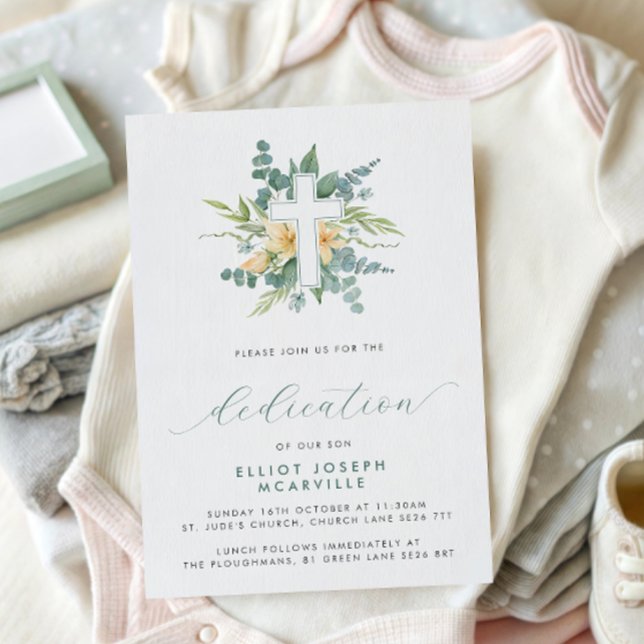 Modern Greenery Cross Script Baby Dedication Invitation (Creator Uploaded)
