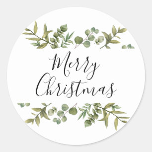 Modern Greenery Elegant Script Merry Christmas Classic Round Sticker