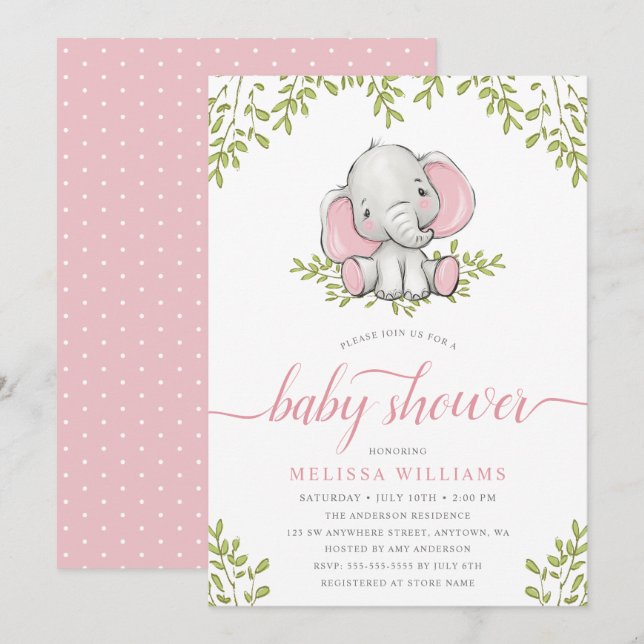 Modern Greenery Elephant Girl Baby Shower Invitation (Front/Back)