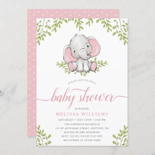 Modern Greenery Elephant Girl Baby Shower Invitation
