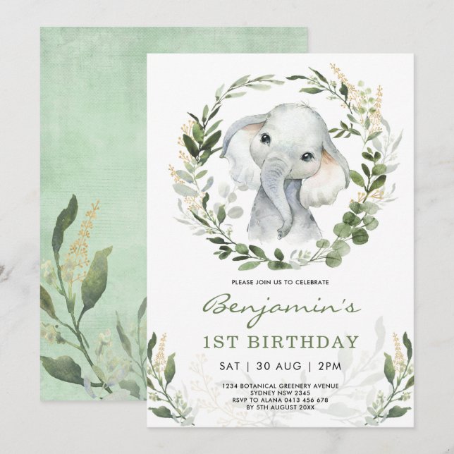 Modern Greenery Elephant | Green Gold 1st Birthday Invitation (Front/Back)
