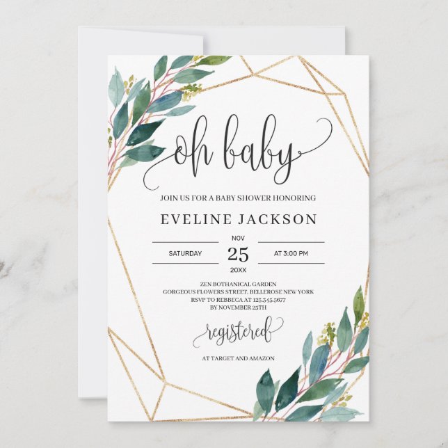 Modern greenery eucalyptus and gold oh baby invitation (Front)
