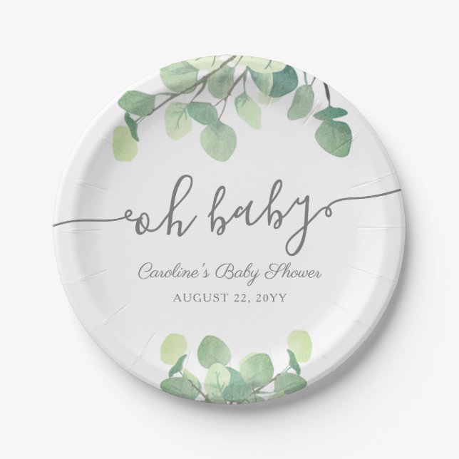 Modern Greenery Eucalyptus Baby Shower Paper Plate (Front)