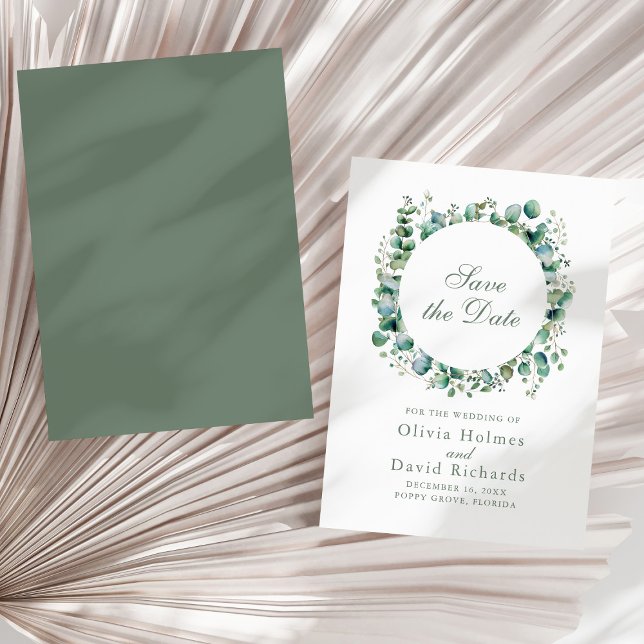 Modern Greenery Eucalyptus Botanical Wedding Save The Date (Modern Greenery Eucalyptus Botanical Wedding Save The Date on a sunny neutral dry palm leaf.)
