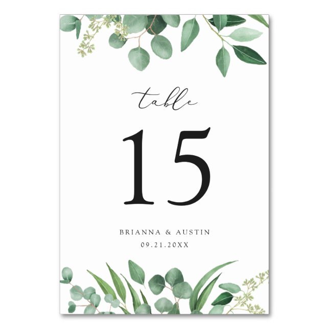 Modern Greenery Eucalyptus Leaves Elegant Wedding Table Number (Front)