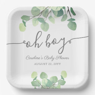 Modern Greenery Eucalyptus Oh Boy Baby Shower Pape Paper Plate
