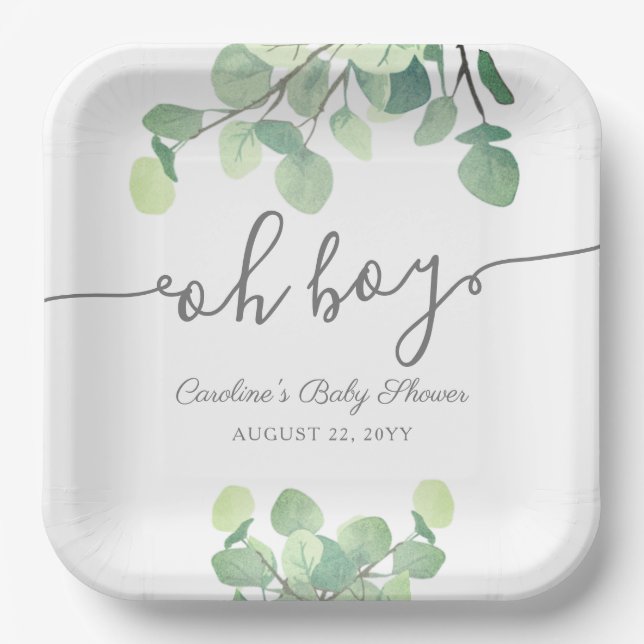 Modern Greenery Eucalyptus Oh Boy Baby Shower Pape Paper Plate (Front)