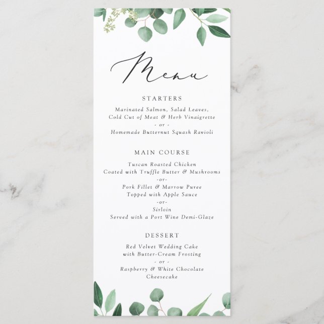 Modern Greenery Eucalyptus Typography Leaf Wedding Menu (Front)