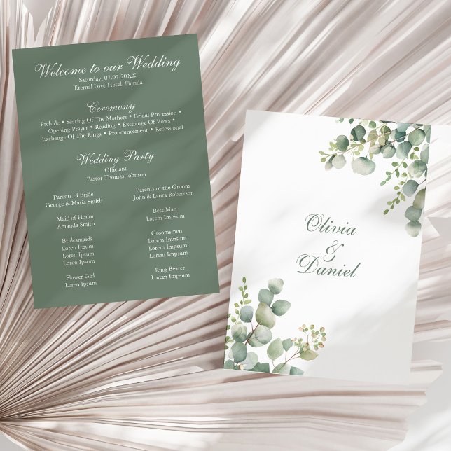 Modern Greenery Eucalyptus Wedding Program Programme (Modern Greenery Eucalyptus Wedding Program on a sunny neutral dry palm leaf.)