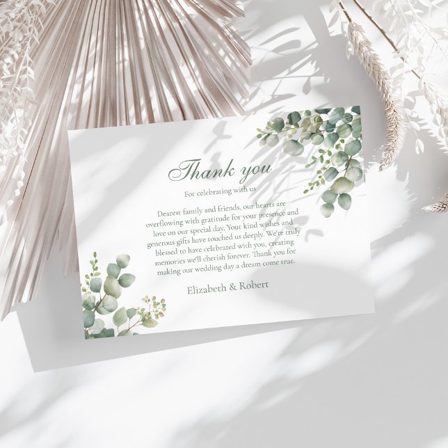 Modern Greenery Eucalyptus Wedding Thank You Card (Modern Greenery Eucalyptus Wedding Thank You Card on a sunny white table with neutral boho decor.)