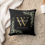 Modern Greenery Floral Black Gold Initial Monogram Cushion<br><div class="desc">Elegant watercolor greenery monogram name throw pillow featuring a gold monogram initial with your name set in classic white text on a chic black background. Designed by Thisisnotme©</div>