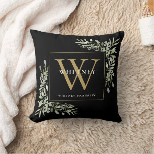 Modern Greenery Floral Black Gold Initial Monogram Cushion