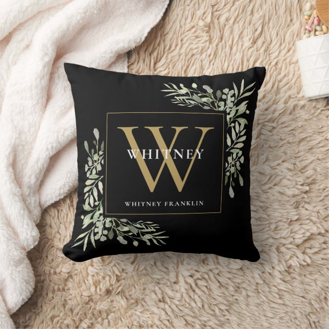 Modern Greenery Floral Black Gold Initial Monogram Cushion (Blanket)