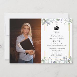 Modern Greenery Floral Graduation Party Photo Invitation