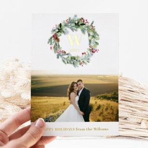 Modern Greenery Floral Wreath   Monogram 1 Photo Foil Holiday Card