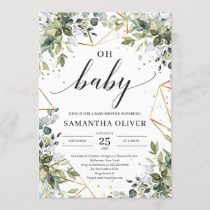 Modern greenery foliage and gold frames oh baby invitation