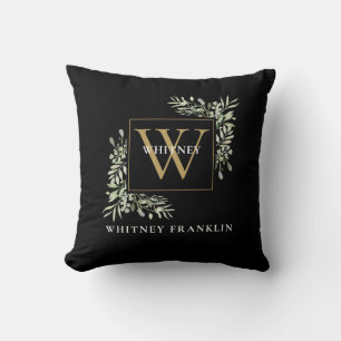 Modern Greenery Foliage Black Gold Monogram Cushion