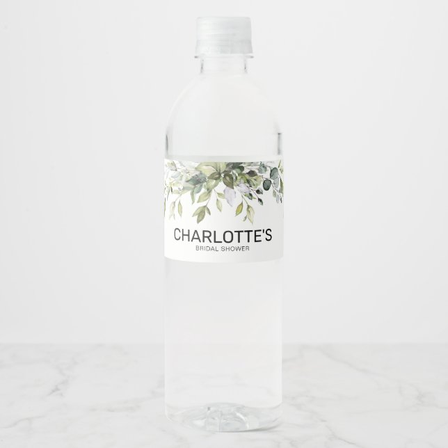 Modern Greenery Foliage Bridal Shower Water Bottle Label (Front)