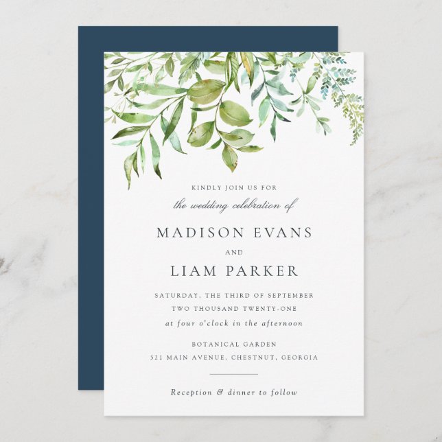 Modern Greenery Foliage Leaves Navy Wedding Invitation (Front/Back)