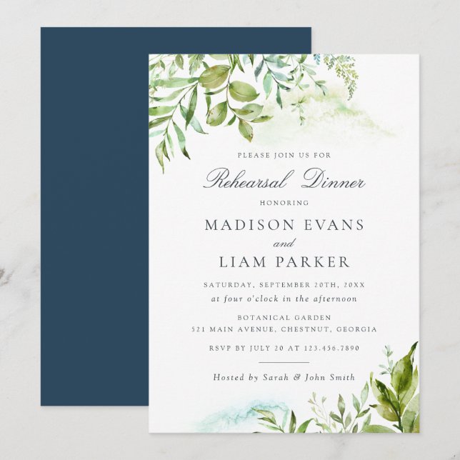 Modern Greenery Foliage Leaves Rehearsal Dinner Invitation (Front/Back)