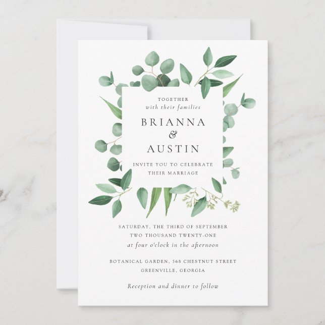 Modern Greenery Frame Eucalyptus Botanical Leaves Invitation (Front)