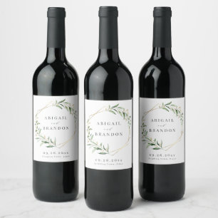 Modern Greenery Geometric Rustic Wedding Wine Label