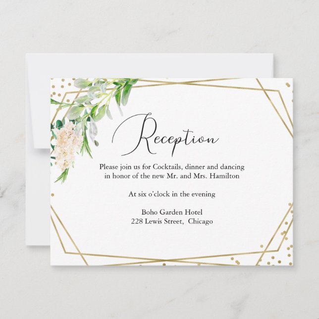 Modern Greenery Geometric Wedding Reception Card (Front)