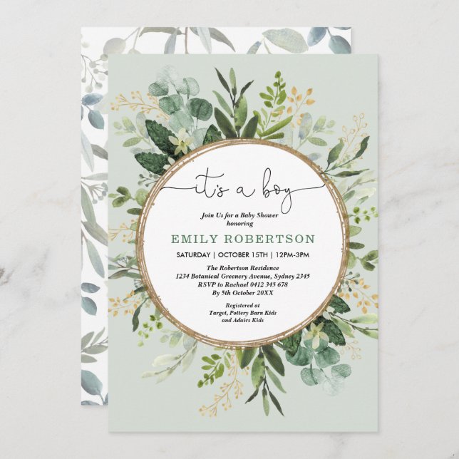 Modern Greenery Gold Botanical Baby Boy Shower Invitation (Front/Back)