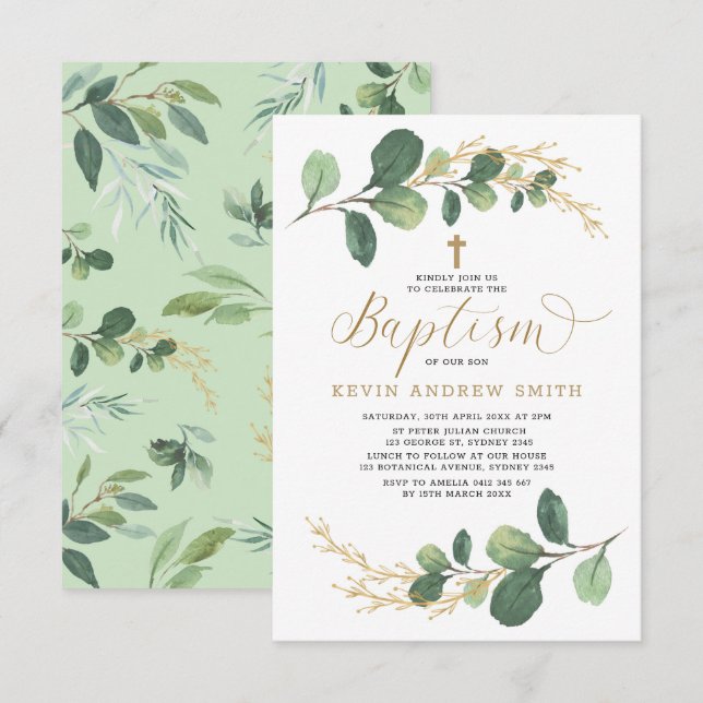 Modern Greenery Gold Boy Girl Baptism Invitation (Front/Back)