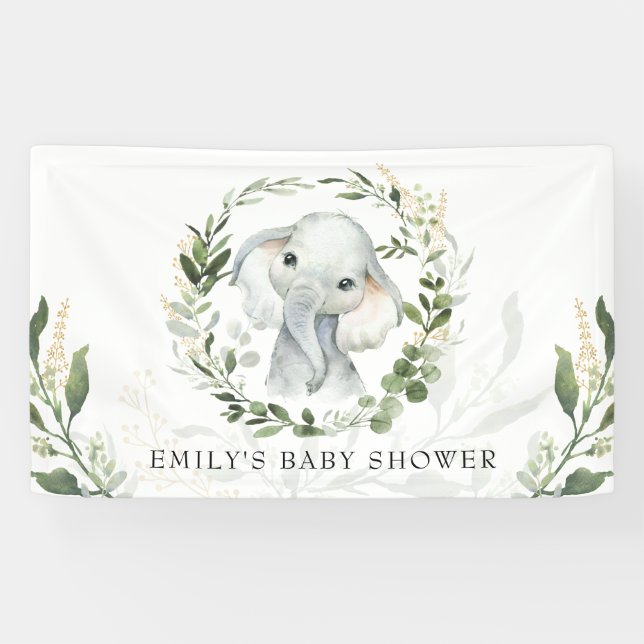 Modern Greenery Gold Elephant Baby Shower Birthday Banner (Horizontal)