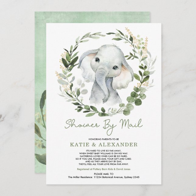 Modern Greenery Gold Elephant Baby Shower By Mail Invitation (Front/Back)