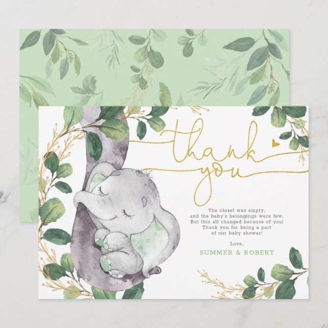 Modern Greenery Gold Elephant Baby Thank You Card (Front/Back)