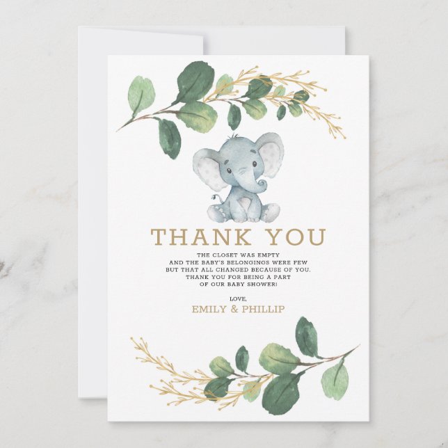 Modern Greenery Gold Elephant Neutral Baby Shower Thank You Card (Front)