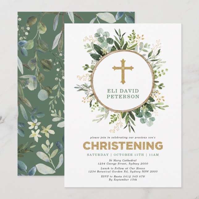 Modern Greenery Gold Garden Wreath Christening Invitation (Front/Back)