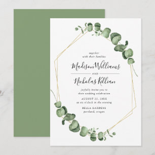 Modern Greenery   Gold Geometric Frame Wedding Invitation