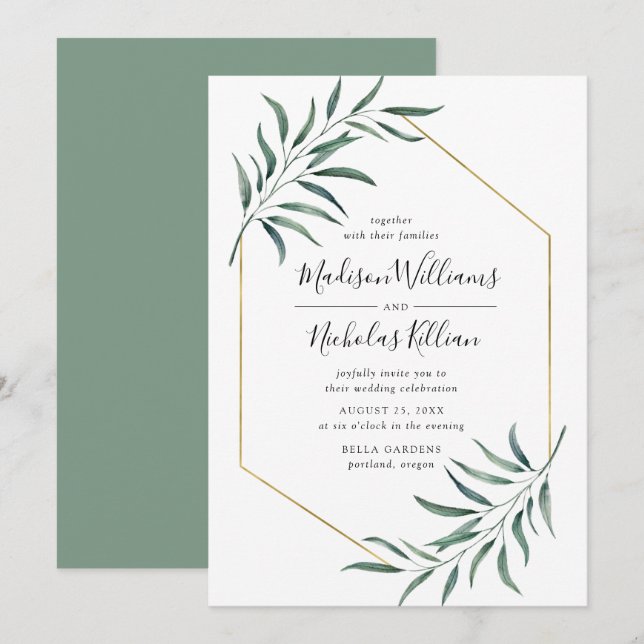 Modern Greenery | Gold Geometric Frame Wedding Invitation (Front/Back)